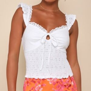 Lulus Perfect Sweetness White Eyelet Ruffled Keyhole Smocked Top - Size M
